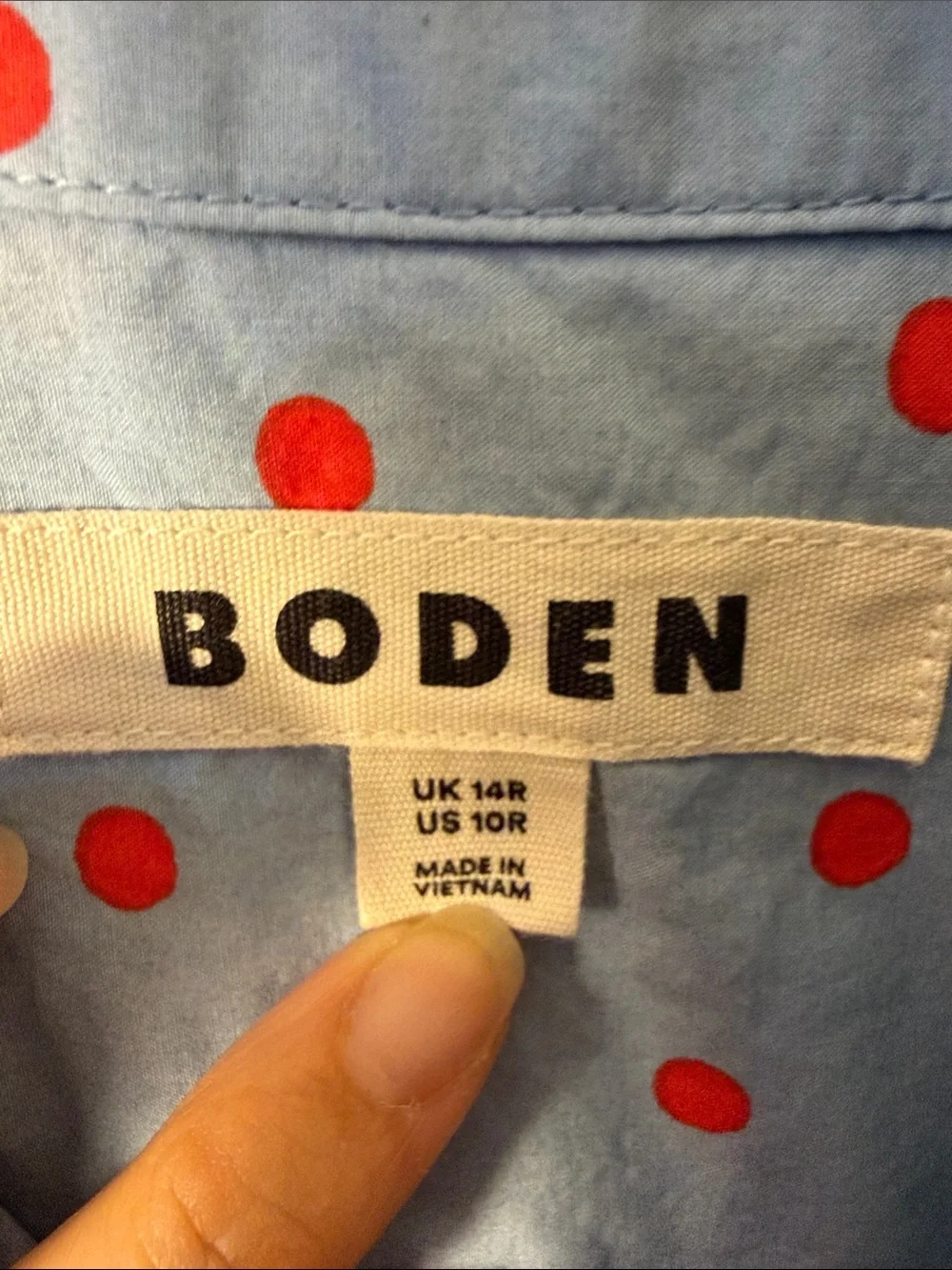 Boden Sienna Polka Dot Button Down Collared Top Shirt Light Blue Red Size 10R - Picture 4 of 12